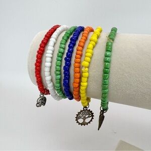 7 Glass Seed Bead Stretch Bracelets With Charms, Vibrant Multiple Colors, EUC